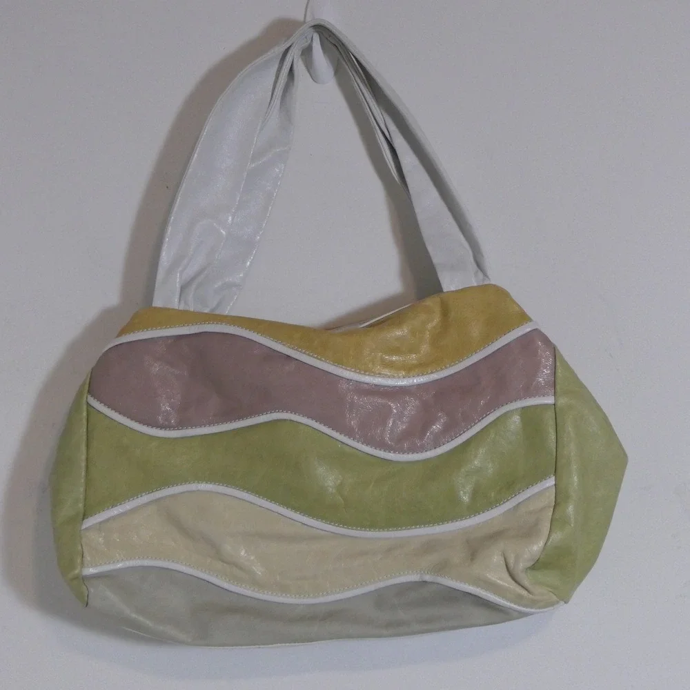 Abro Womens Shoulder Bag L Multi Color Italian Leather Wavy Patchwork Eclectic